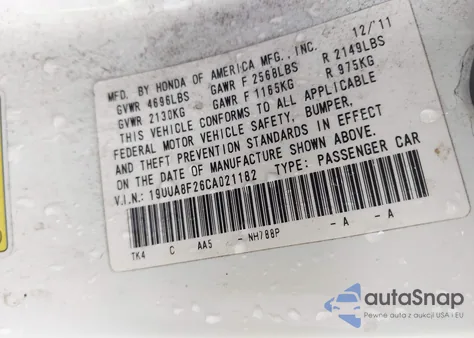 2012 Acura Tl 3.5 z USA, uszkodzony, nr VIN 19UUA8F26CA021182